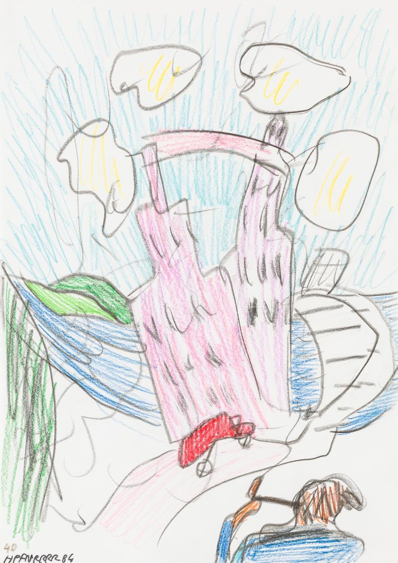 Kurt Hüpfner, Ohne Titel, 1984, Bleistift und Buntstift auf Papier, kaschiert auf Karton, 29,8  ...