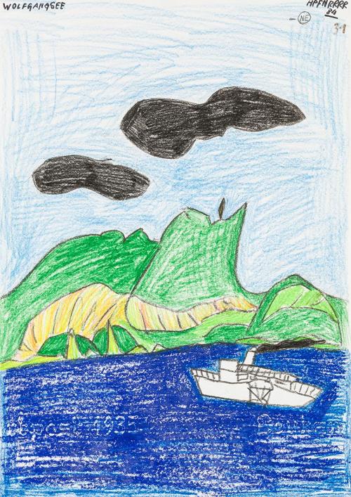 Kurt Hüpfner, Wolfgangsee, 1984, Kreide auf Papier, kaschiert auf Karton, 29,7 × 21 cm, Privatb ...