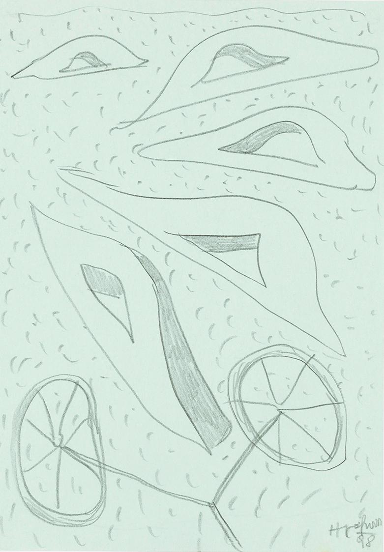 Kurt Hüpfner, Ohne Titel, 1998, Bleistift auf türkisfarbenem Papier, kaschiert auf Karton, 29,7…