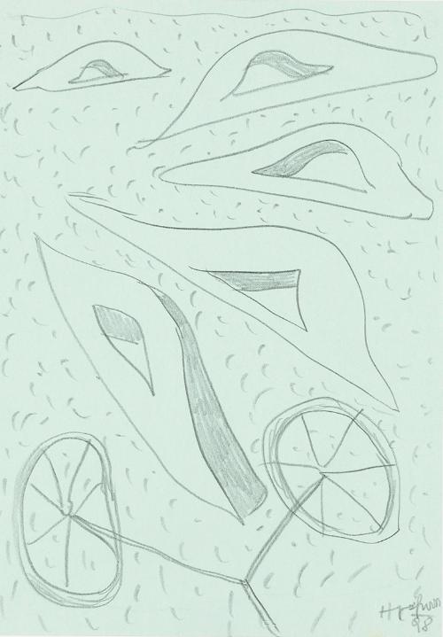 Kurt Hüpfner, Ohne Titel, 1998, Bleistift auf türkisfarbenem Papier, kaschiert auf Karton, 29,7…