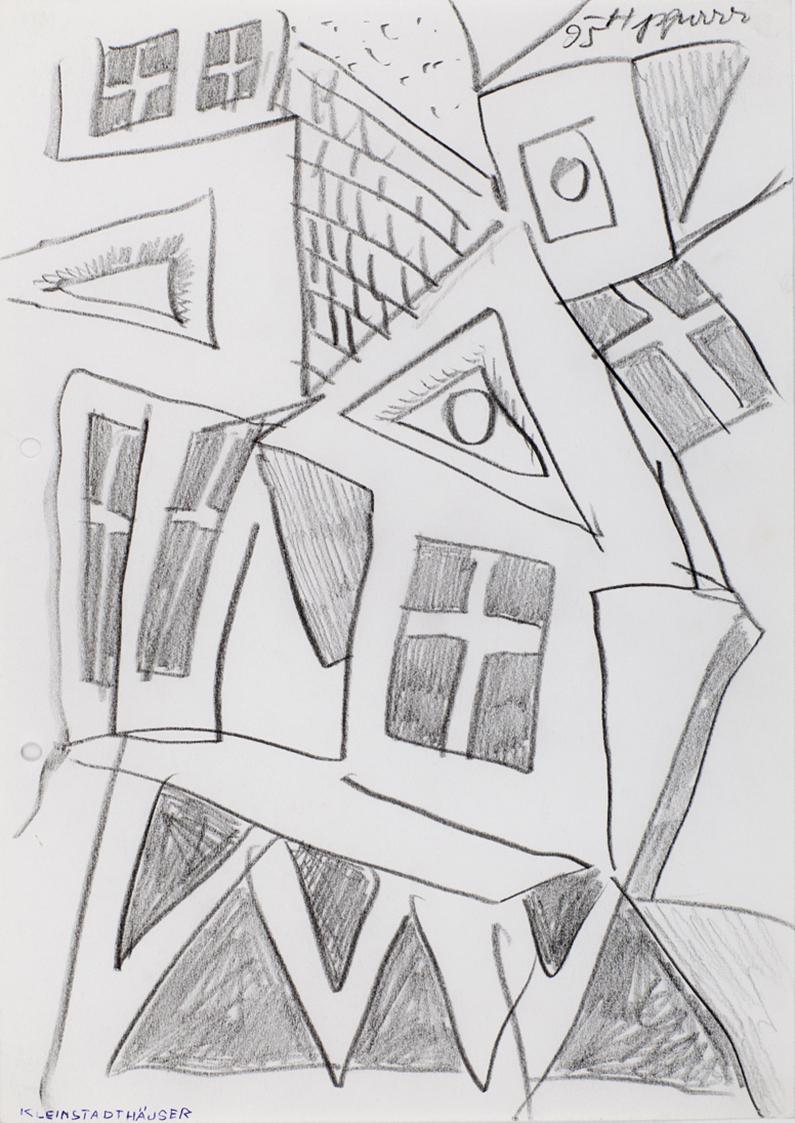 Kurt Hüpfner, Kleinstadthäuser, 1995, Bleistift auf Papier, kaschiert auf Karton, 29,7 × 21 cm,…