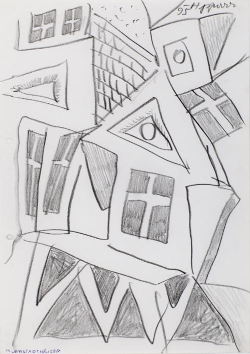 Kurt Hüpfner, Kleinstadthäuser, 1995, Bleistift auf Papier, kaschiert auf Karton, 29,7 × 21 cm,…