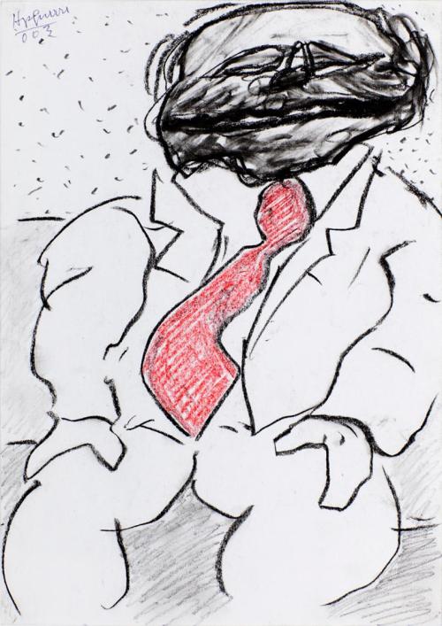 Kurt Hüpfner, Ohne Titel,  2003, Kohle und roter Buntstift auf Papier, kaschiert auf Karton, 29 ...
