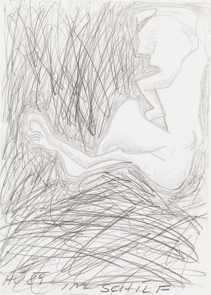 Kurt Hüpfner, Im Schilf, 1989, Bleistift auf Papier, kaschiert auf Karton, 29,7 × 21 cm, Privat ...