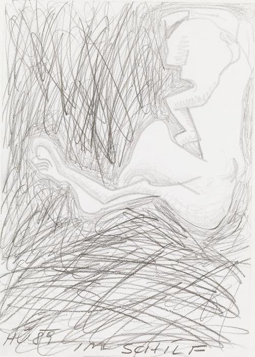 Kurt Hüpfner, Im Schilf, 1989, Bleistift auf Papier, kaschiert auf Karton, 29,7 × 21 cm, Privat ...