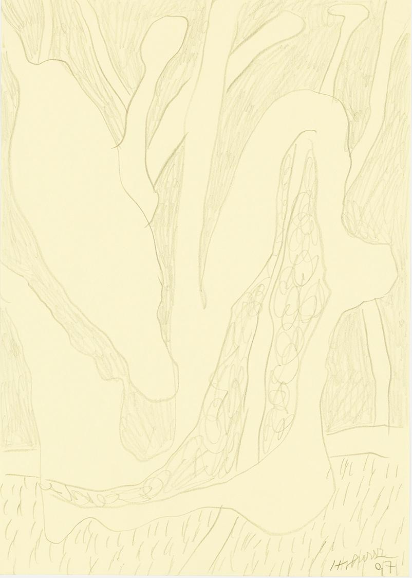 Kurt Hüpfner, Ohne Titel, 1997, Bleistift auf gelbem Papier, kaschiert auf Karton, 29,7 × 21 cm ...