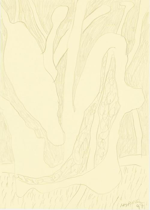 Kurt Hüpfner, Ohne Titel, 1997, Bleistift auf gelbem Papier, kaschiert auf Karton, 29,7 × 21 cm ...