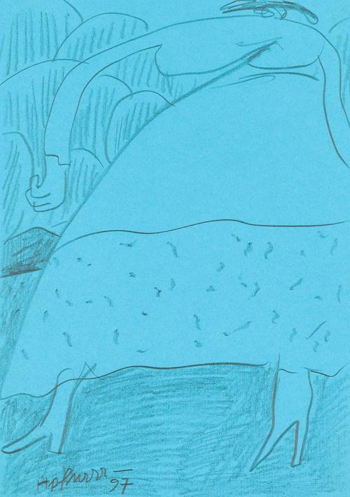 Kurt Hüpfner, Ohne Titel, 1997, Bleistift auf blauem Papier, kaschiert auf Karton, 29,7 × 21 cm ...