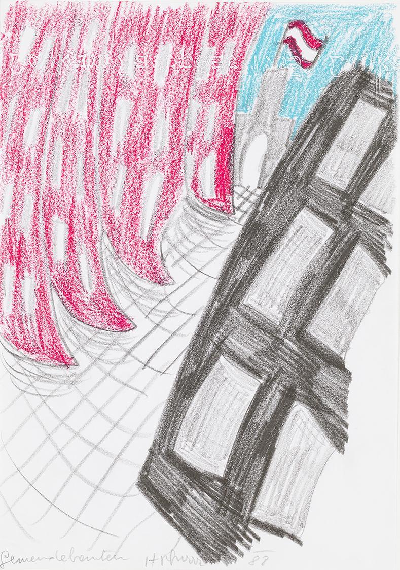 Kurt Hüpfner, Gemeindebauten, 1988, Bleistift und Pastell auf Papier, kaschiert auf Karton, 29, ...