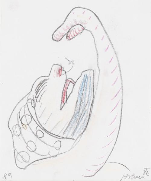 Kurt Hüpfner, Ohne Titel, 1986, Buntstift auf Papier, kaschiert auf Karton, 22,2 × 18,6 cm, Pri ...