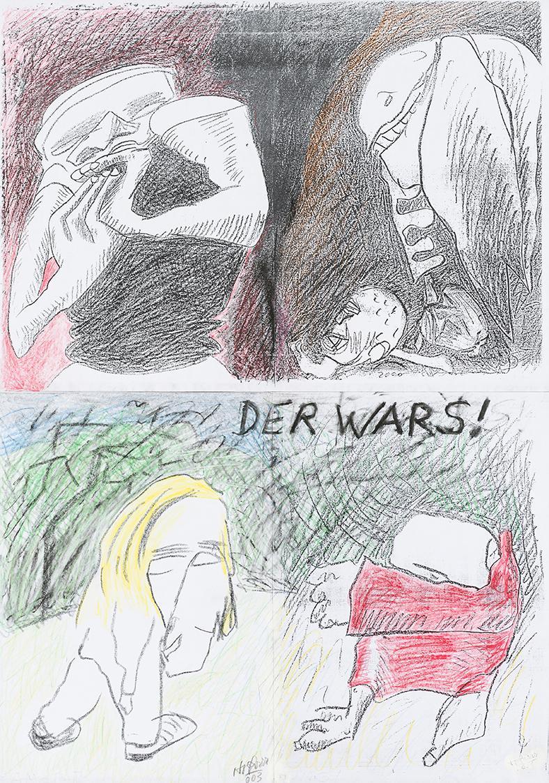 Kurt Hüpfner, Die blonde Bestie, Graphic Novel, 2003, Kopien, mit Buntstift und Kreide bearbeit ...