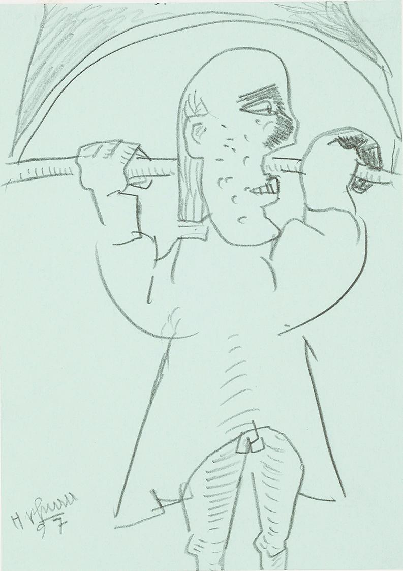 Kurt Hüpfner, Ohne Titel, 1997, Bleistift auf türkisfarbenem Papier, kaschiert auf Karton, 29,7…