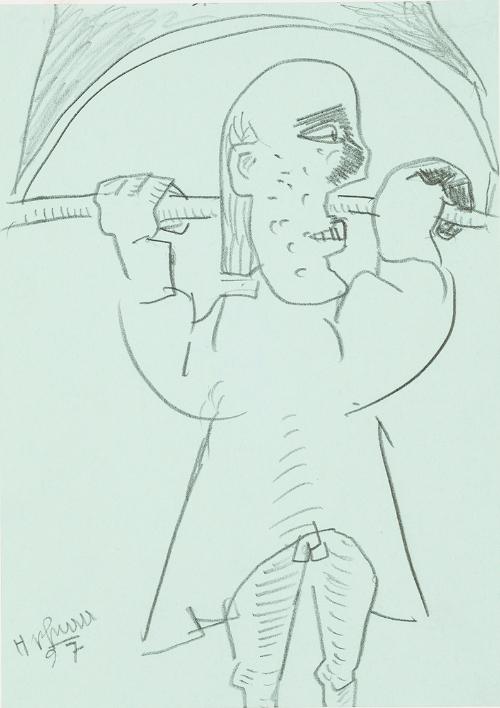 Kurt Hüpfner, Ohne Titel, 1997, Bleistift auf türkisfarbenem Papier, kaschiert auf Karton, 29,7…
