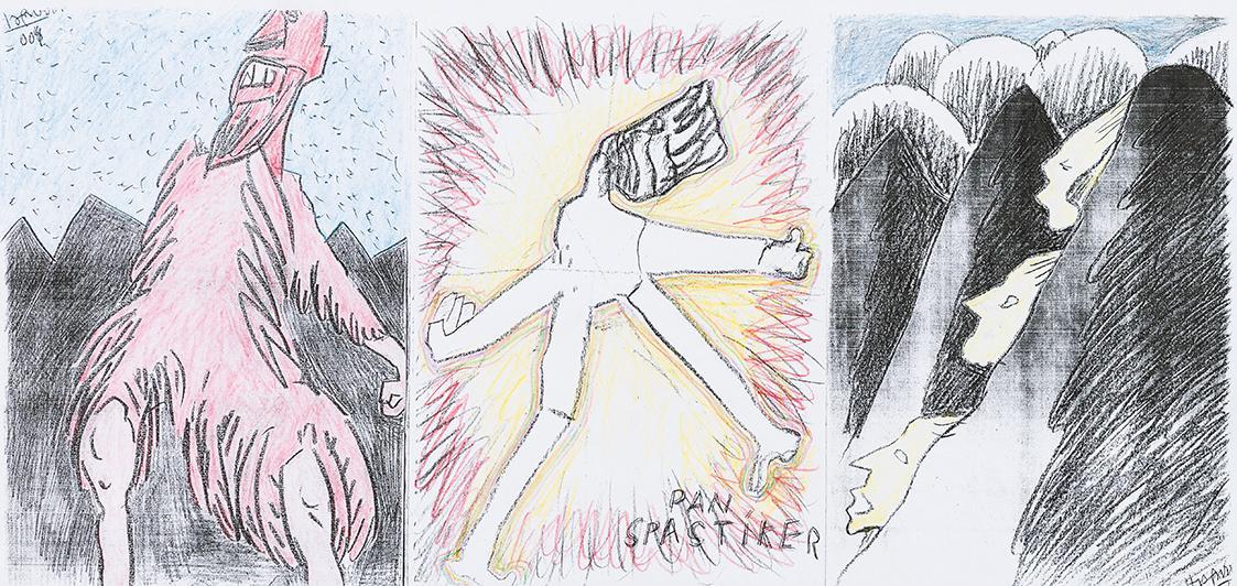 Kurt Hüpfner, "Pan Spastiker", Graphic Novel, um 2005, Kopien, mit Buntstift bearbeitet, 30 × 6 ...