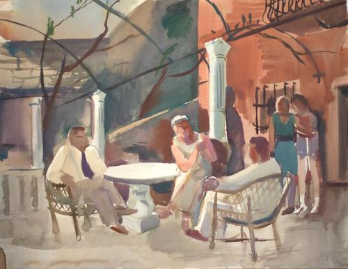 Otto Rudolf Schatz, Tischrunde unter Pergola auf einer Südlichen Terrasse, um 1938, Gouache auf ...