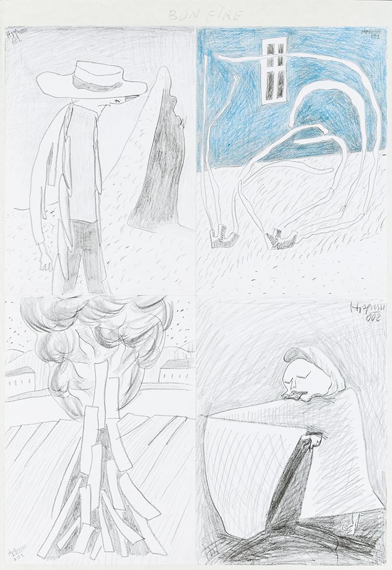 Kurt Hüpfner, "Bon Fire", Graphic Novel, um 2002, Bleistift und blauer Buntstift auf Papier, ka ...