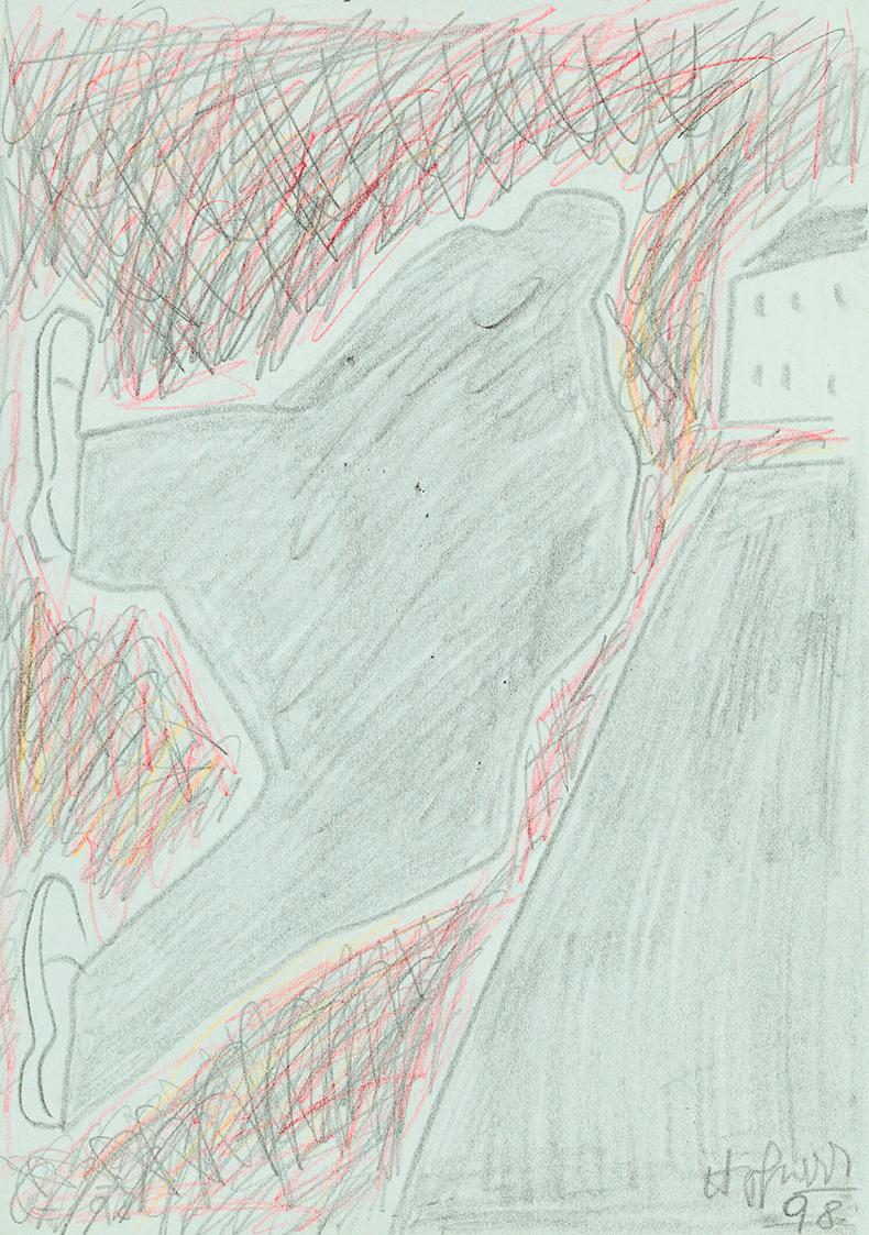 Kurt Hüpfner, Ohne Titel, 1998, Bleistift und Buntstift auf türkisfarbenem Papier, 29,7 × 21 cm…