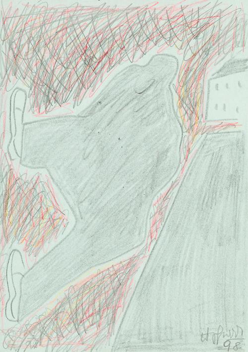 Kurt Hüpfner, Ohne Titel, 1998, Bleistift und Buntstift auf türkisfarbenem Papier, 29,7 × 21 cm…