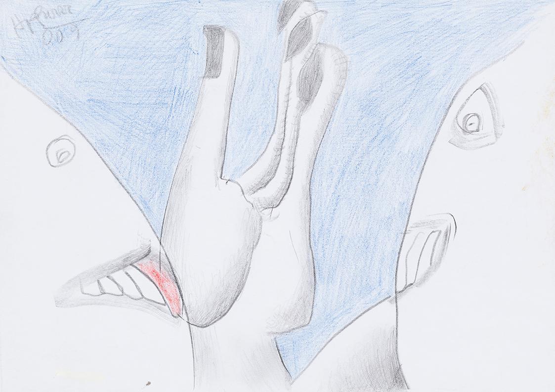 Kurt Hüpfner, Ohne Titel, 2009, Bleistift und Buntstift auf Papier, 21 × 29,7 cm, Privatbesitz, ...