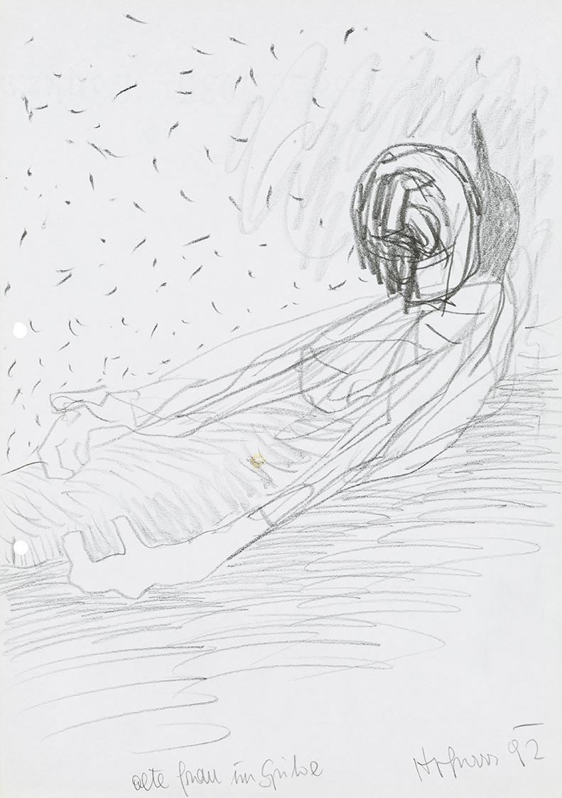 Kurt Hüpfner, Alte Frau im Spital, 1992, Bleistift auf Papier, 29,7 × 21 cm, Privatbesitz, Wien