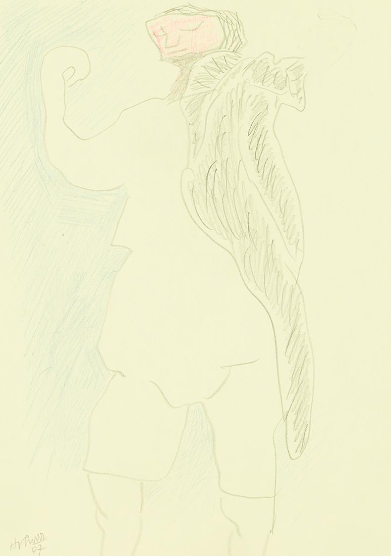 Kurt Hüpfner, Ohne Titel, 1997, Bleistift und Buntstift auf gelbfarbenem Papier, 29,7 × 21 cm, …