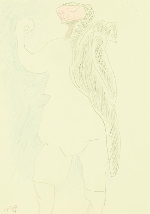 Kurt Hüpfner, Ohne Titel, 1997, Bleistift und Buntstift auf gelbfarbenem Papier, 29,7 × 21 cm, …