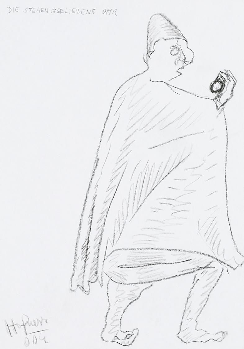 Kurt Hüpfner, "Die stehen gebliebene Uhr", 2004, Bleistift auf Papier, 29,7 × 21 cm, Privatbesi ...
