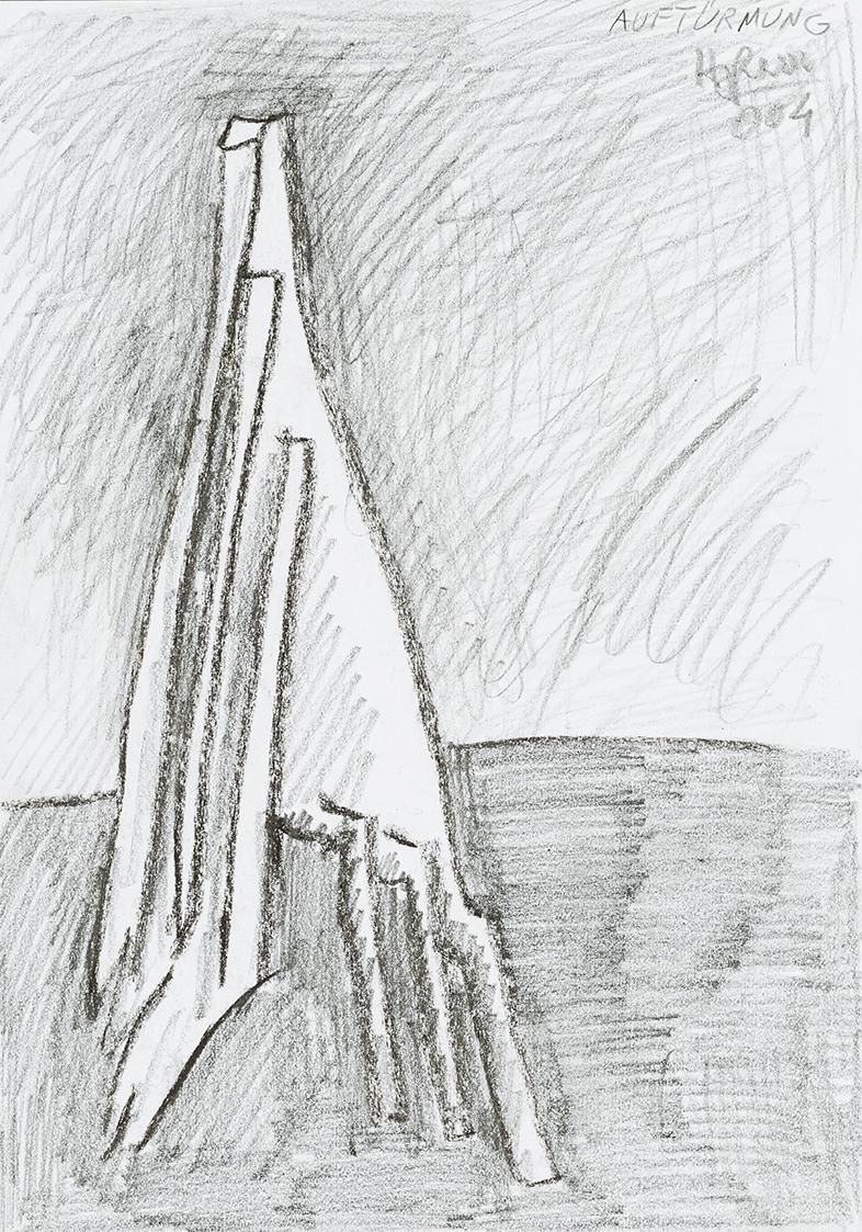 Kurt Hüpfner, Auftürmung, 2004, Bleistift und Kohle auf Papier, 29,7 × 21 cm, Privatbesitz, Wie…
