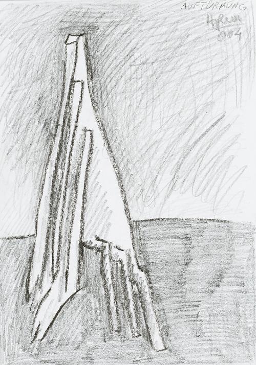 Kurt Hüpfner, Auftürmung, 2004, Bleistift und Kohle auf Papier, 29,7 × 21 cm, Privatbesitz, Wie…