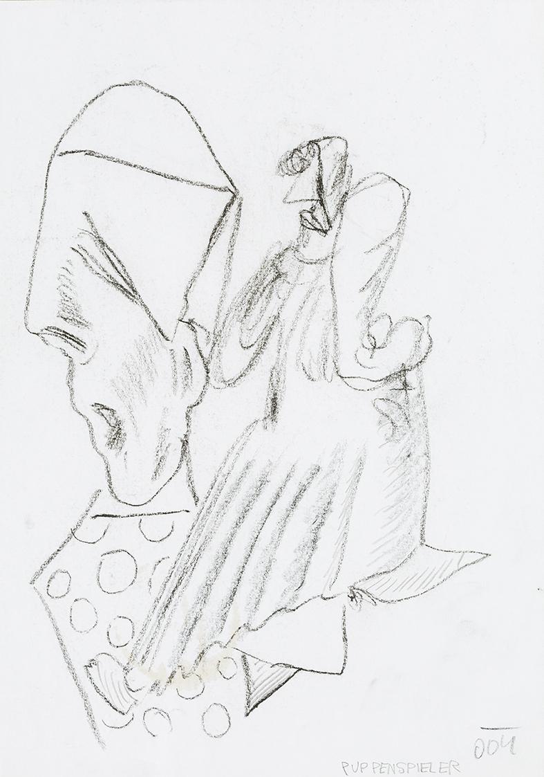 Kurt Hüpfner, Puppenspieler, 2004, Bleistift und schwarze Kreide auf Papier, 29,7 × 21 cm, Priv ...