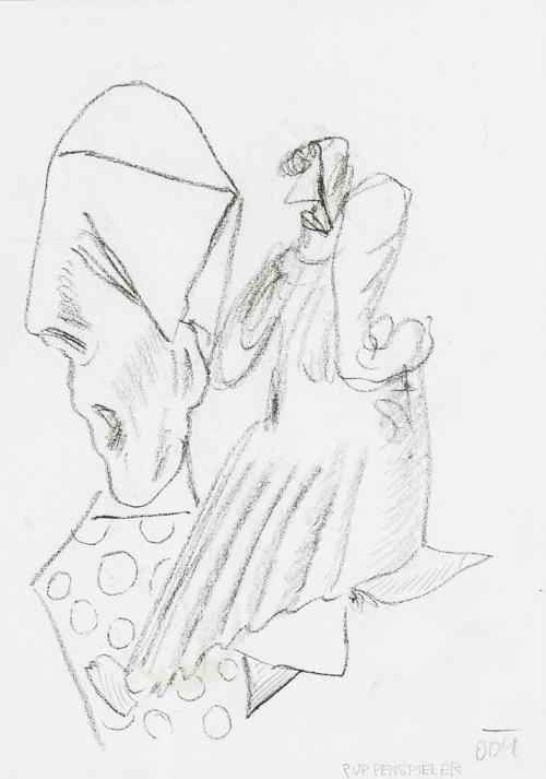 Kurt Hüpfner, Puppenspieler, 2004, Bleistift und schwarze Kreide auf Papier, 29,7 × 21 cm, Priv ...