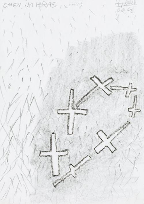 Kurt Hüpfner, Omen im Gras, Zombi, 2004, Bleistift und Kohle auf Papier, 29,7 × 21 cm, Privatbe ...