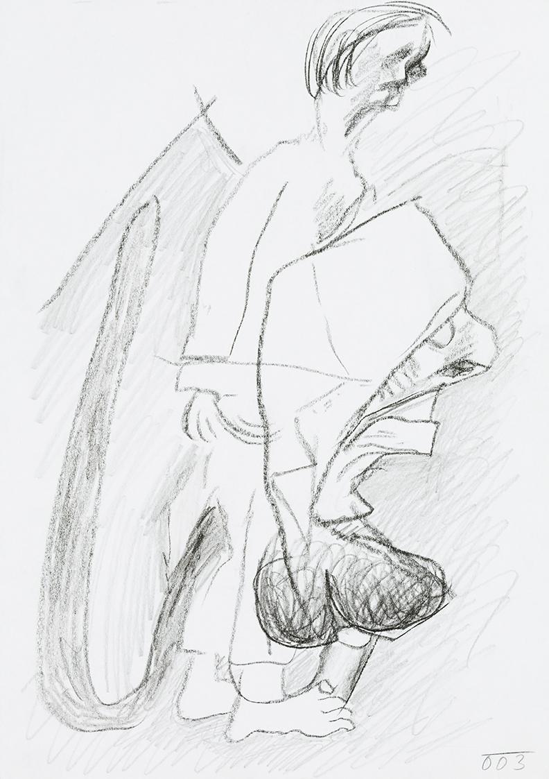 Kurt Hüpfner, Ohne Titel, 2003, Schwarze Kreide und Bleistift auf Papier, 29,7 × 21 cm, Privatb ...