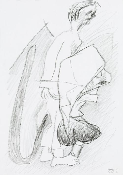 Kurt Hüpfner, Ohne Titel, 2003, Schwarze Kreide und Bleistift auf Papier, 29,7 × 21 cm, Privatb ...