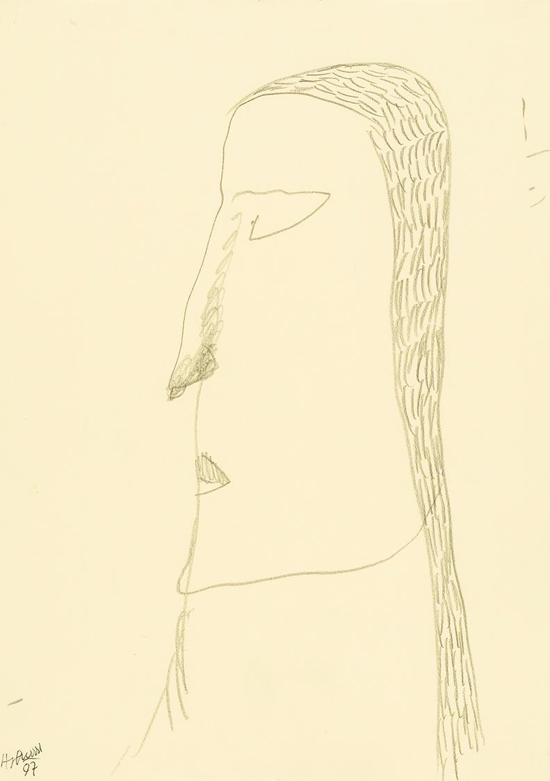 Kurt Hüpfner, Ohne Titel, 1997, Bleistift auf gelbem Papier, kaschiert auf Karton, 29,7 × 21 cm ...