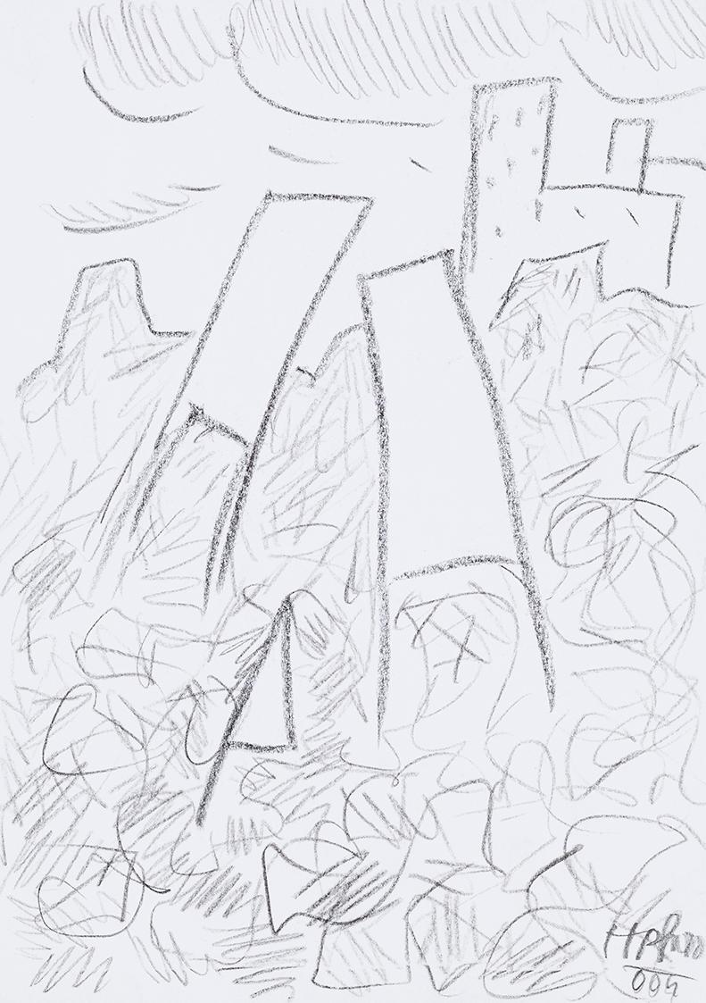Kurt Hüpfner, Ohne Titel, 2004, schwarze Kreide auf Papier, 29,7 × 21 cm, Privatbesitz, Wien