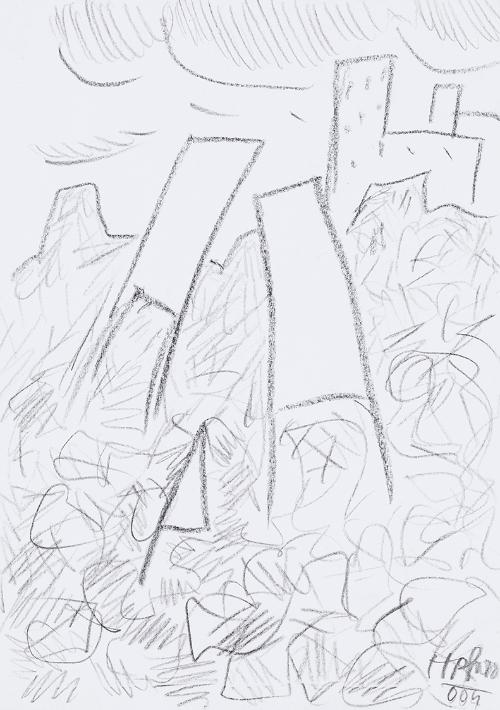 Kurt Hüpfner, Ohne Titel, 2004, schwarze Kreide auf Papier, 29,7 × 21 cm, Privatbesitz, Wien