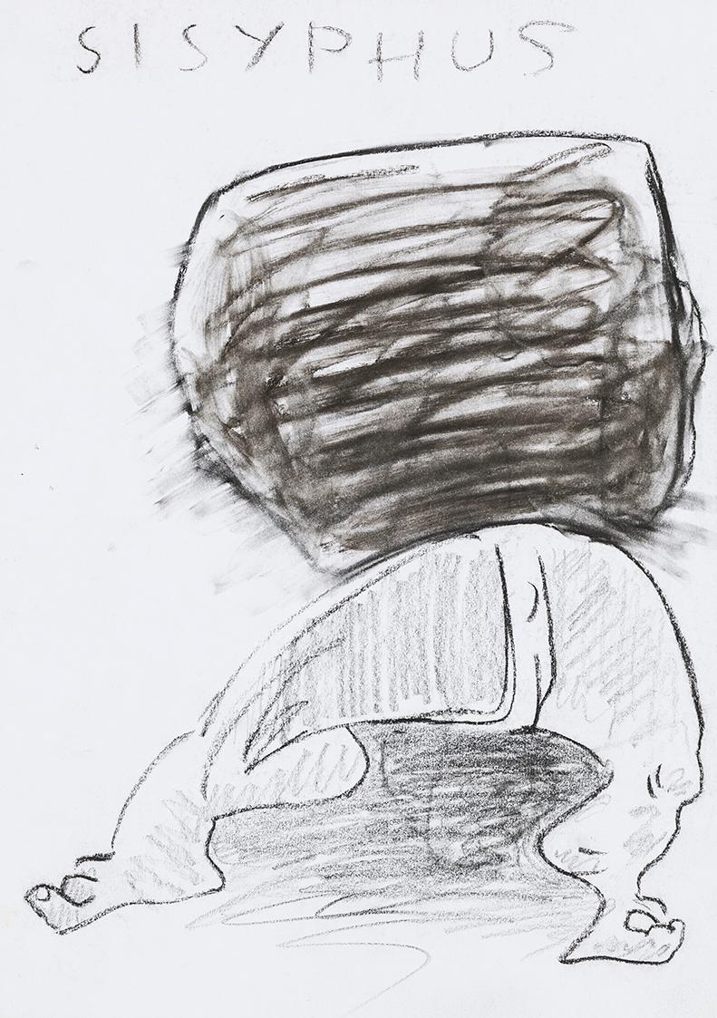 Kurt Hüpfner, Sisyphus, um 2004, Kohle auf Papier, 29,7 × 21 cm, Privatbesitz, Wien