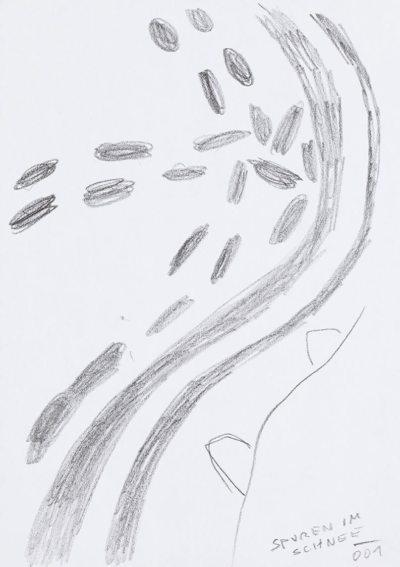 Kurt Hüpfner, Spuren im Schnee, 2001, Bleistift auf Papier, 29,7 × 21 cm, Privatbesitz, Wien