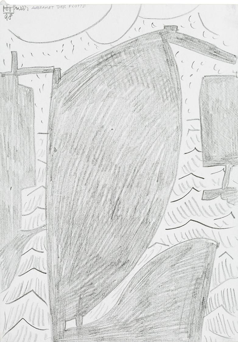 Kurt Hüpfner, Ausfahrt der Flotte, 1998, Bleistift auf Papier, 29,7 × 21 cm, Privatbesitz, Wien