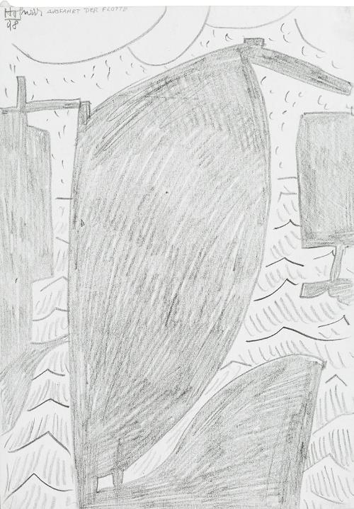 Kurt Hüpfner, Ausfahrt der Flotte, 1998, Bleistift auf Papier, 29,7 × 21 cm, Privatbesitz, Wien