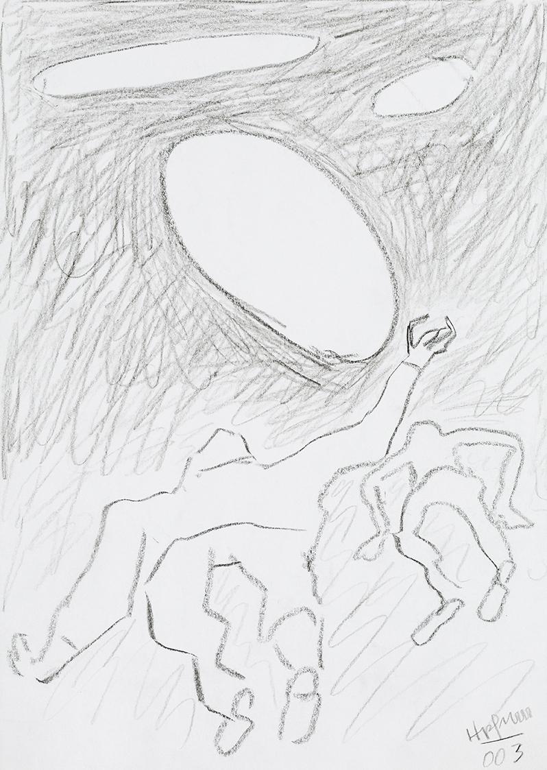 Kurt Hüpfner, Ohne Titel, 2003, schwarze Kreide auf Papier, 29,7 × 21 cm, Privatbesitz, Wien