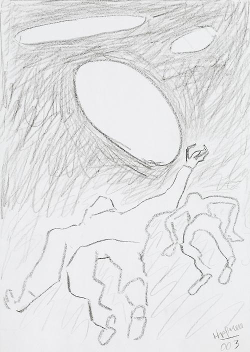 Kurt Hüpfner, Ohne Titel, 2003, schwarze Kreide auf Papier, 29,7 × 21 cm, Privatbesitz, Wien