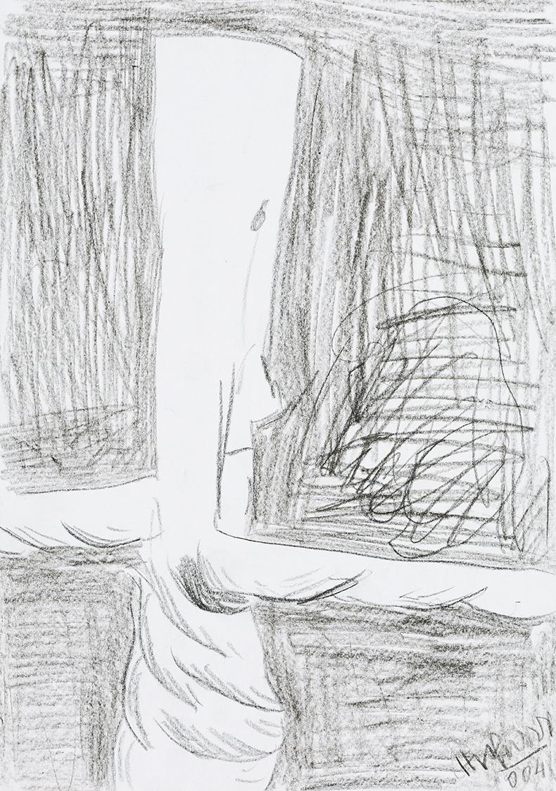 Kurt Hüpfner, Ohne Titel, 2004, Schwarze Kreide auf Papier, 29,7 × 21 cm, Privatbesitz, Wien