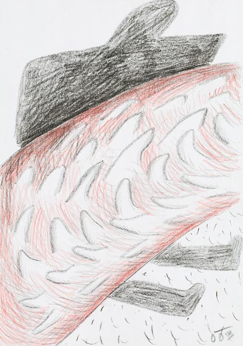 Kurt Hüpfner, Ohne Titel, 2003, Schwarze Kreide und Buntstift auf Papier, 29,7 × 21 cm, Privatb…