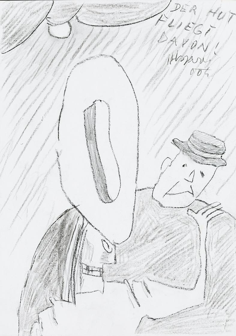 Kurt Hüpfner, "Der Hut fliegt davon!", 2004, Bleistift und Kohle auf Papier, 29,7 × 21 cm, Priv ...
