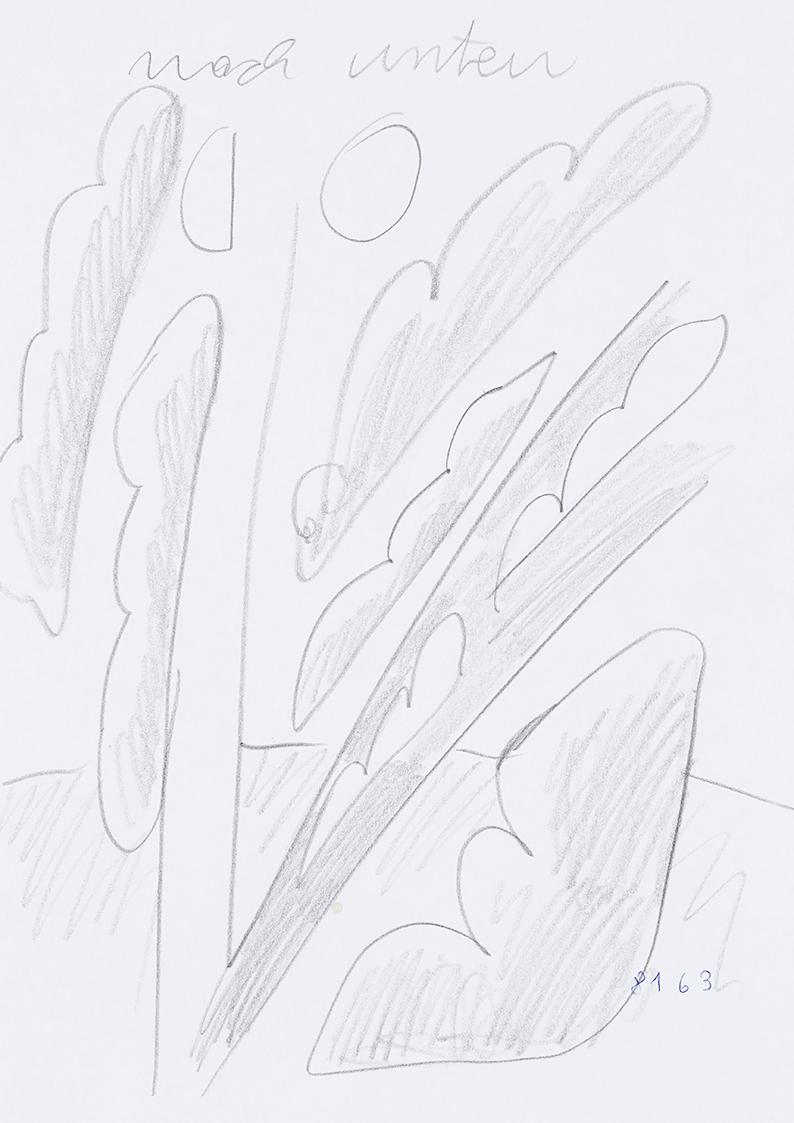 Kurt Hüpfner, "nach unten", um 2005, Bleistift auf Papier, 29,7 × 21 cm, Privatbesitz, Wien
