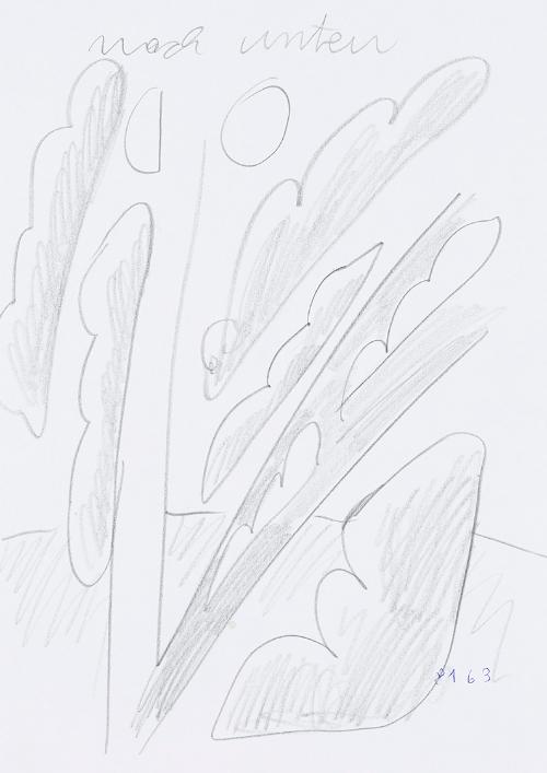 Kurt Hüpfner, "nach unten", um 2005, Bleistift auf Papier, 29,7 × 21 cm, Privatbesitz, Wien