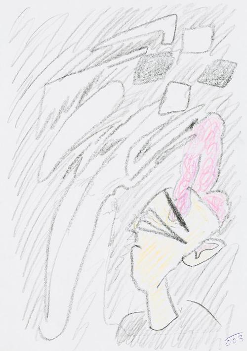 Kurt Hüpfner, Ohne Titel, 2003, schwarze Kreide und Buntstift auf Papier, 29,7 × 21 cm, Privatb ...