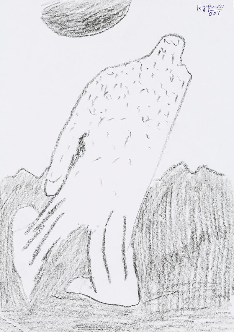 Kurt Hüpfner, Ohne Titel, 2003, schwarze Kreide auf Papier, 29,7 × 21 cm, Privatbesitz, Wien